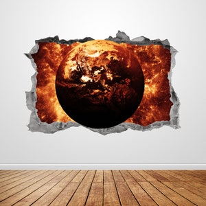 Earth Wall Decal Smashed 3D Graphic Fire Planet Earth Wall Art Stickers Mural Poster Room Boys Bedroom Gift