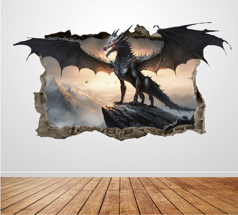 Dragon Wall Decal Smashed 3D Graphic Mystical Black Dragon Wall Sticker ...