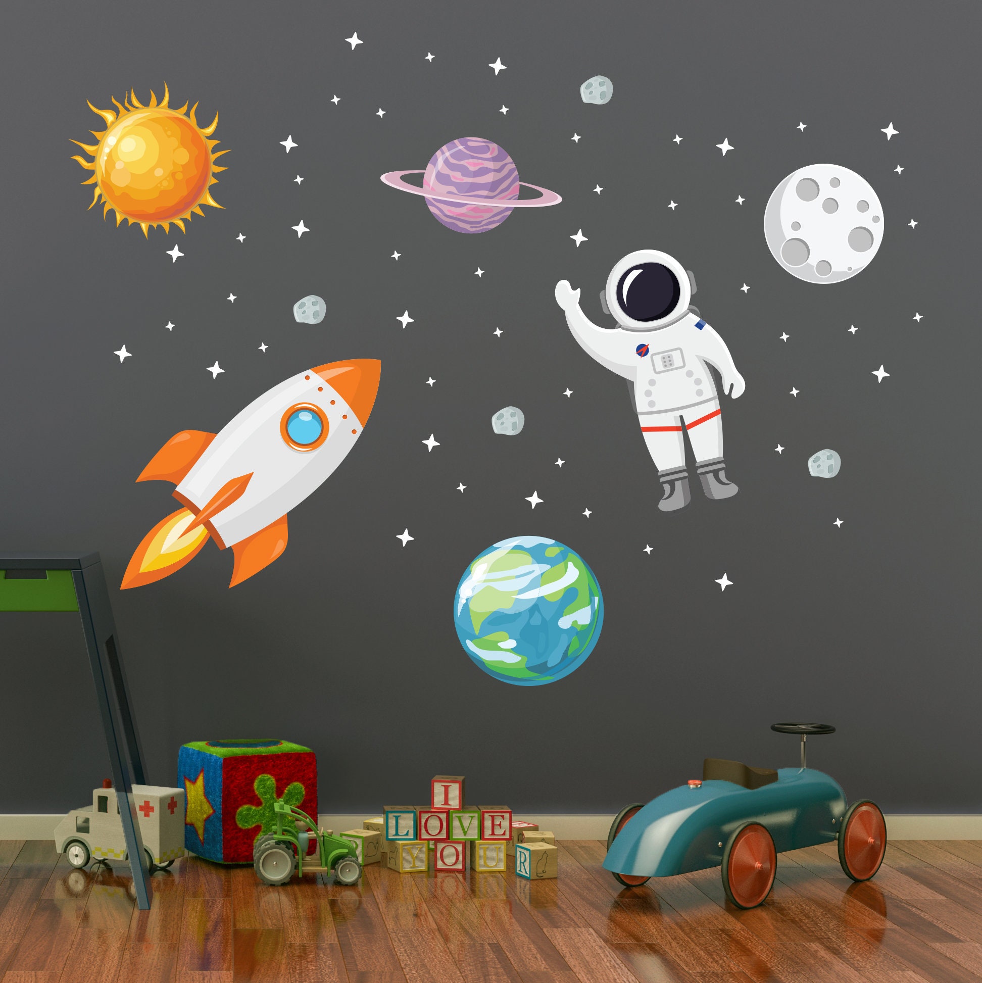 Personalised Space man Spaceman Wall Vinyl Sticker Bedroom Kids Car Stars Planet 