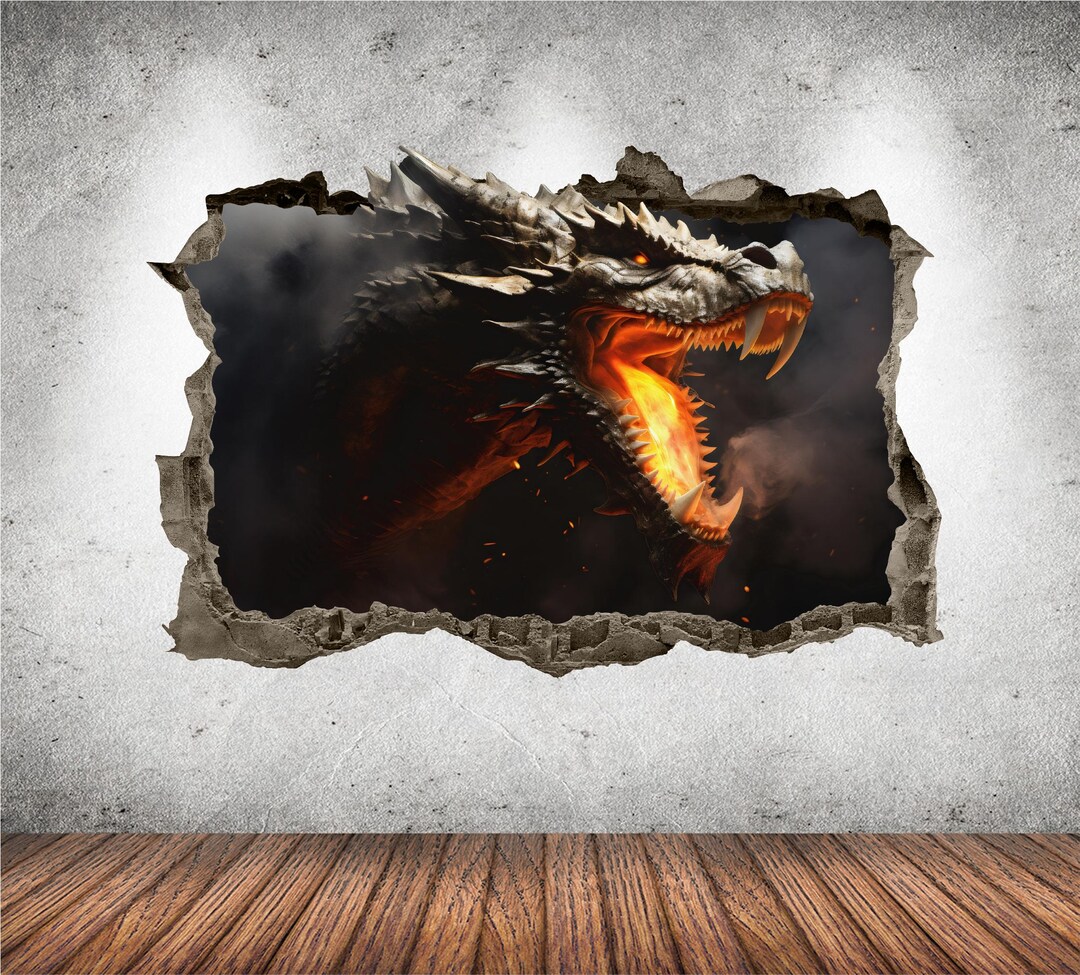 Fire Dragon Wall Decal Smashed 3D Graphic Dragon Wall Decor Art ...