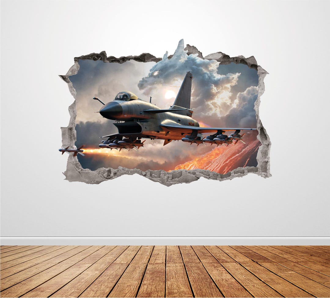 War Airplane Wall Decal Smashed 3D Graphic Military Aircraft Wall Decor ...