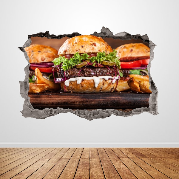 Burgers Wall Decal Smashed 3D Graphic Food Burger Restaurant Wall Art Sticker Mural Poster Custom Vinyl Kitchen Decor Gift