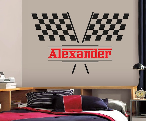 Personalized Name Wall Decal Racing Flags Boys - Racing Flags Room Decor Personalized Name Wall Decal Racing Flags Boys - Racing Flags Room Decor