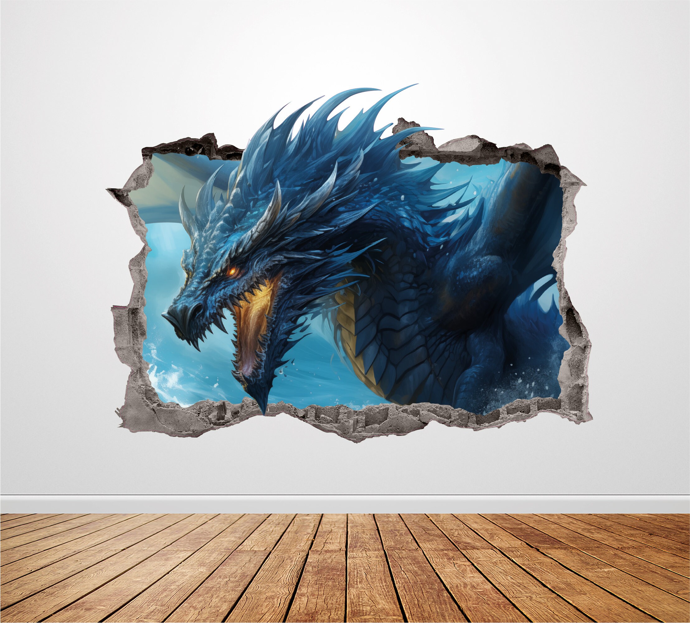 Dragon Wall Decal Smashed 3D Graphic Mystical Blue Dragon Wall Sticker ...