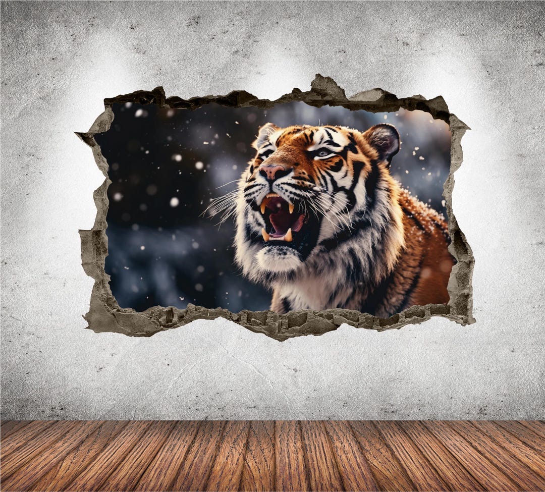 Tiger Wall Decal Smashed 3D Graphic Snow Tiger Wall Art Decor Animal ...