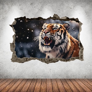 Tiger Wall Decal Smashed 3D Graphic Snow Tiger Wall Art Decor Animal Wall Stickers Poster Mural Kids Room Bedroom Home Decor Gift