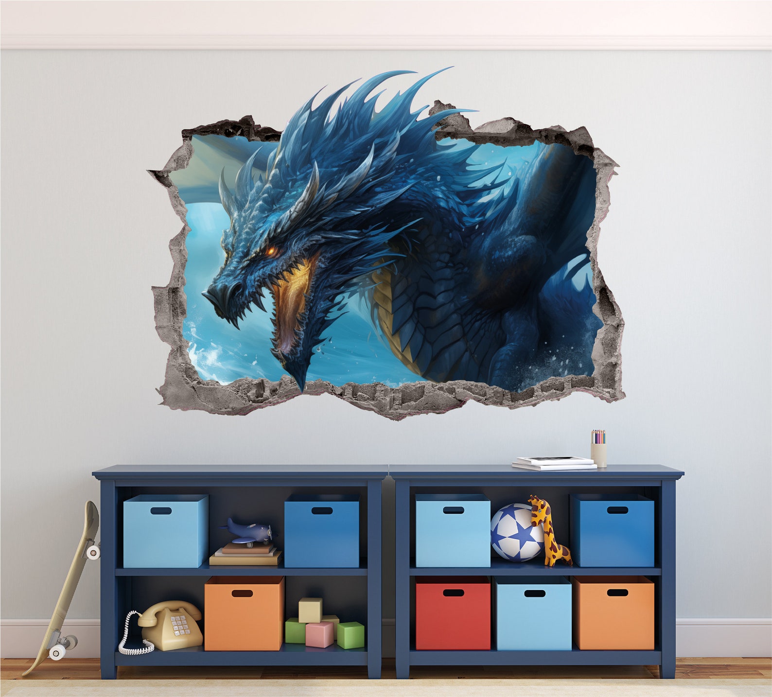 Dragon Wall Decal Smashed 3D Graphic Mystical Blue Dragon Wall Sticker ...