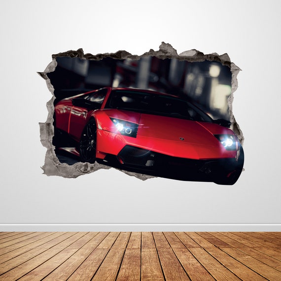 Lamborghini Wall Decal Smashed 3D Graphic Red Racing Car Wall Sticker Art Mural Poster Custom Boys Kids Room Decor Gift