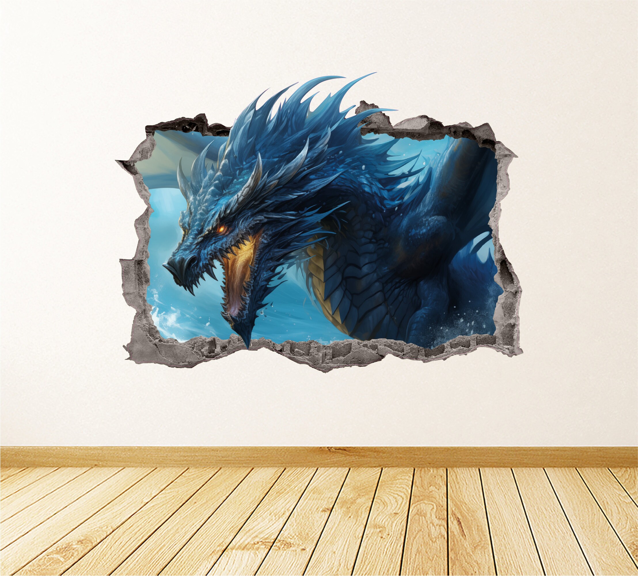 Dragon Wall Decal Smashed 3D Graphic Mystical Blue Dragon Wall Sticker ...