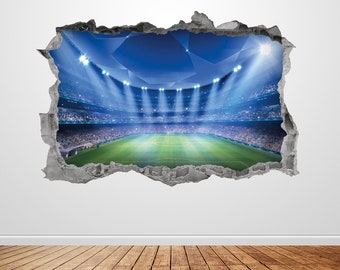 Soccer Stadium Wall Decal Smashed 3D Graphic Sports Football Wall Art Stickers Mural Poster Kids Room Boys Bedroom Decor Gift