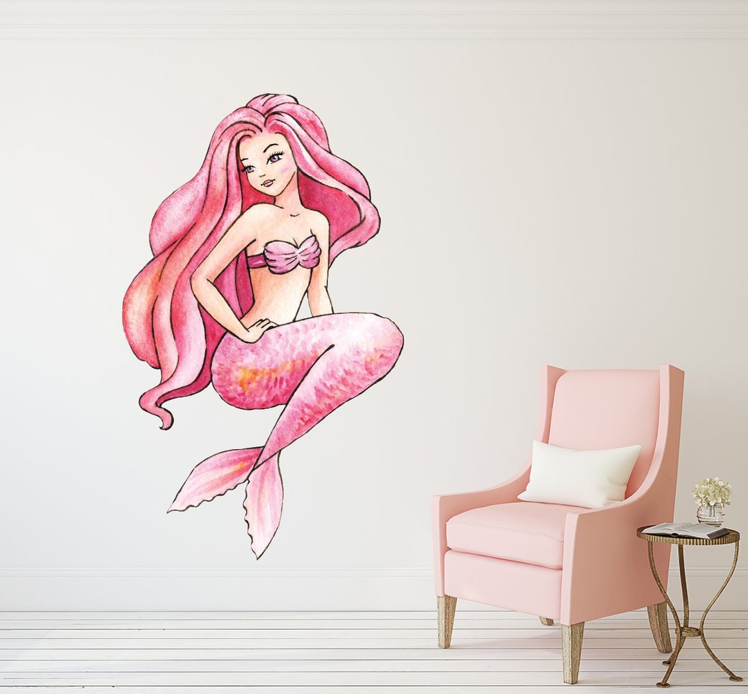 Mermaid Wall Art Decal Watercolor Ocean Mermaid Wall Art Girls Bedroom ...