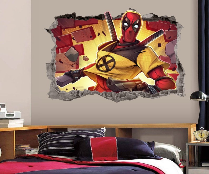 Deadpool Wall Decal 3D Smashed Wall Art Superhero Kids Vinyl Wall Decor image 1