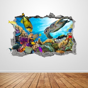 Ocean Turtle Wall Decal Smashed 3D Graphic Coral Reef Wall Art Stickers Mural Poster Room Bedroom Home Decor Gift