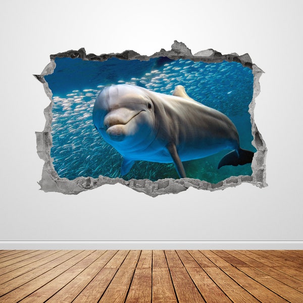 Dolphin Wall Decal Smashed 3D Graphic Ocean Animal Wall Art Stickers Mural Poster Kids Room Bedroom Decor Gift