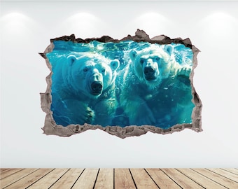 Polar Bear Wall Decal 3D AI Graphic Wall Art Sticker, Wall Decor, Polar Bear Wall Sticker Mural Poster Custom Vinyl Kids Bedroom Gift