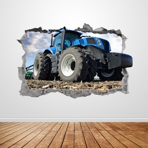 Traktor Wandaufkleber zertrümmert 3D Grafik Bauernhof blau Traktor Wand Kunst Aufkleber Wandbild Poster Kinder Zimmer Jungen Schlafzimmer Dekor Geschenk