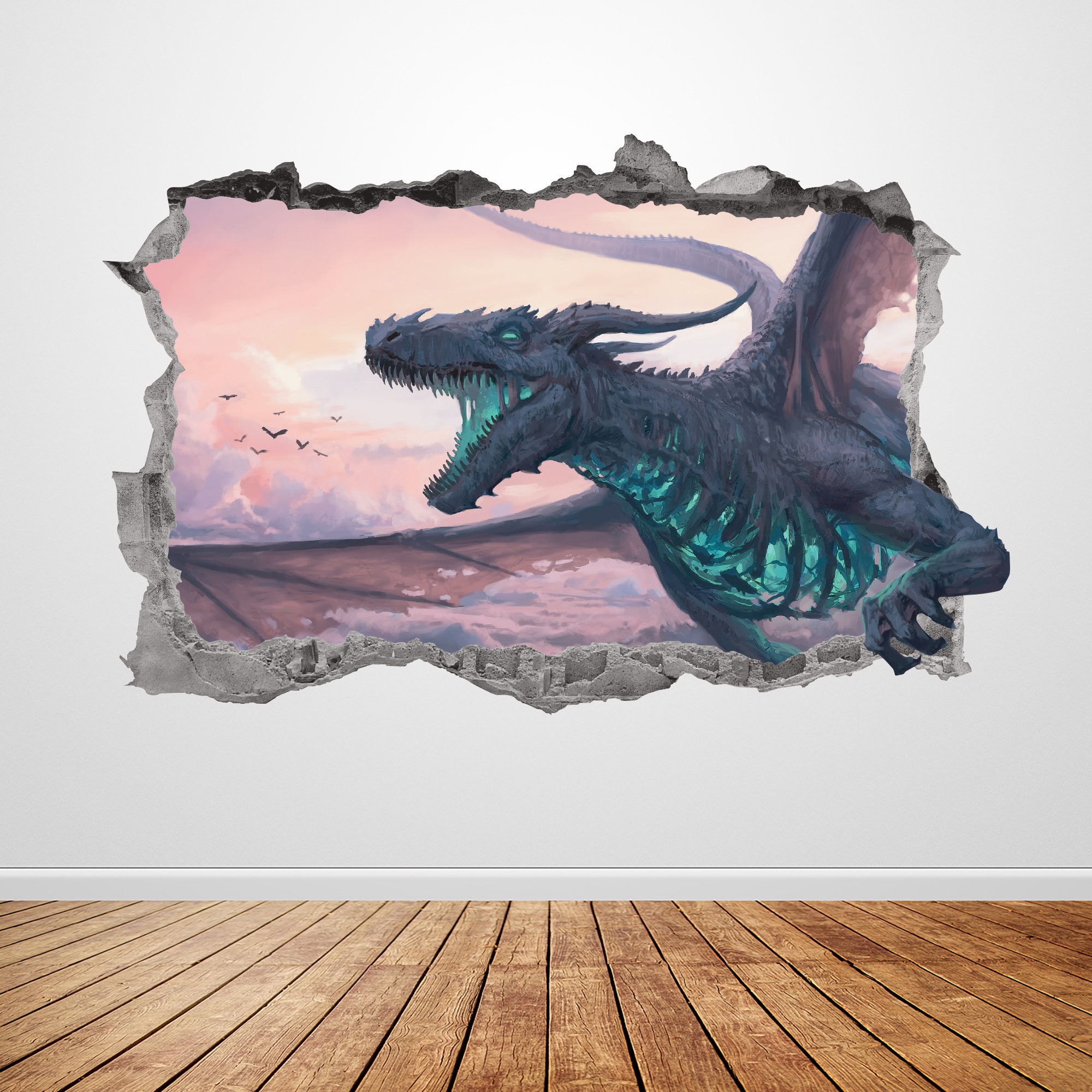 Dragon Wall Decal Smashed 3D Graphic Dragons Fantasy Creature Wall Sticker Art Mural Poster Custom Vinyl Home Room Decor Gift