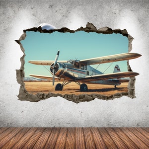 Airplane Wall Decal 3D AI Graphic Wall Art Sticker, Wall Decor, Airplane Vintage Wall Sticker Mural Poster Custom Vinyl Kids Bedroom Gift