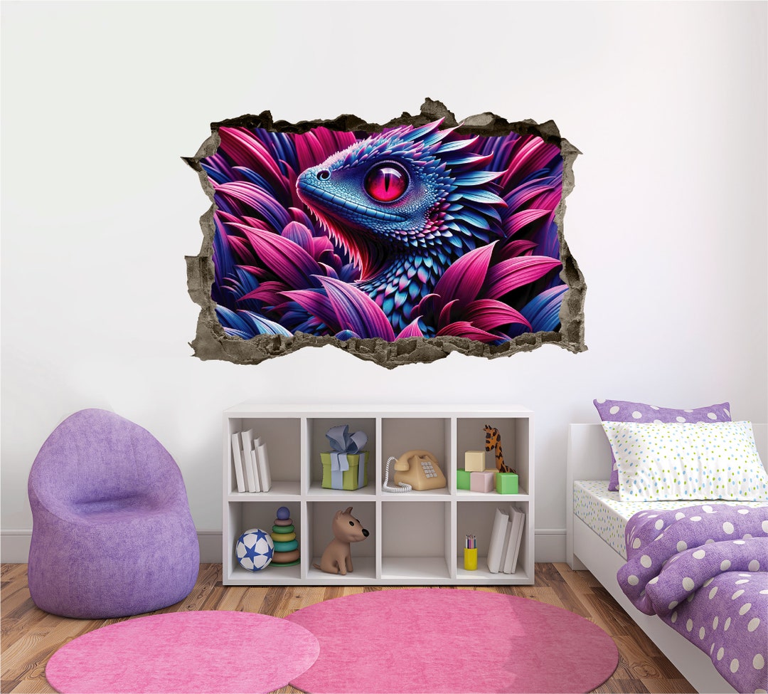 Baby Dragon Wall Decal Smashed 3D Graphic Mystical Purple Dragon Wall ...