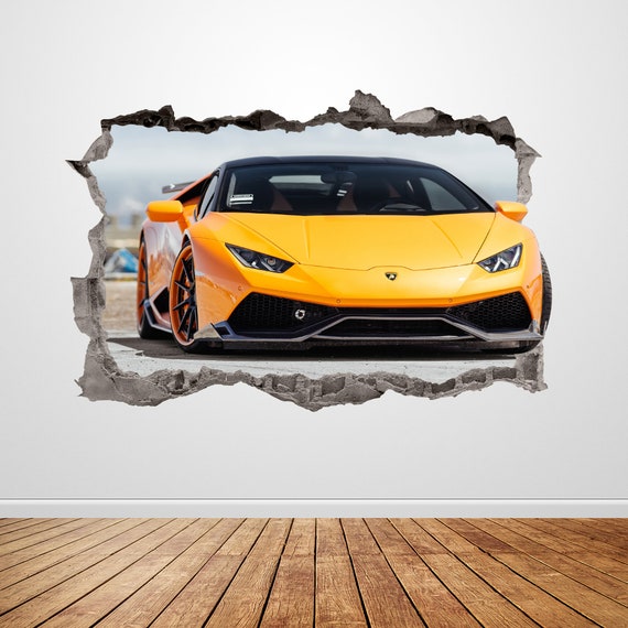 Lamborghini Wall Decal Smashed 3D Graphic Yellow Racing Car Wall Art Sticker Mural Poster Custom Home Room Decor Gift