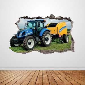 Tractor Wall Decal Smashed 3D Graphic Blue Farm Tractor Wall Art Sticker Mural Poster Custom Home Boys Kids Room Decor Gift