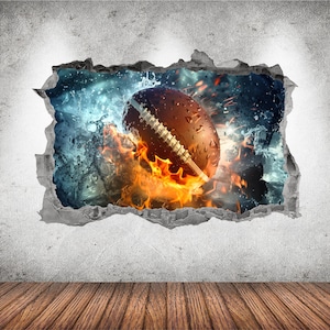 Football Wall Decal Smashed 3D Graphic Sports Fire Football Wall Art Stickers Mural Poster Kids Room Boys Bedroom Decor Gift