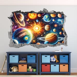 Solar System Wall Decal Smashed 3D Graphic Galaxy and Planets Outer Space Wall Art Stickers Mural Poster Kids Room Bedroom Decor Gift