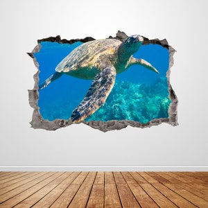 Sea Turtle Wall Decal Smashed 3D Graphic Ocean Animal Wall Art Sticker Mural Poster Custom Vinyl Home Room Decor Gift