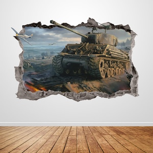 Tank Wall Decal Smashed 3D Graphic Battlefield Wall Sticker Art Mural Poster Custom Vinyl Kids Boys Room Decor Gift