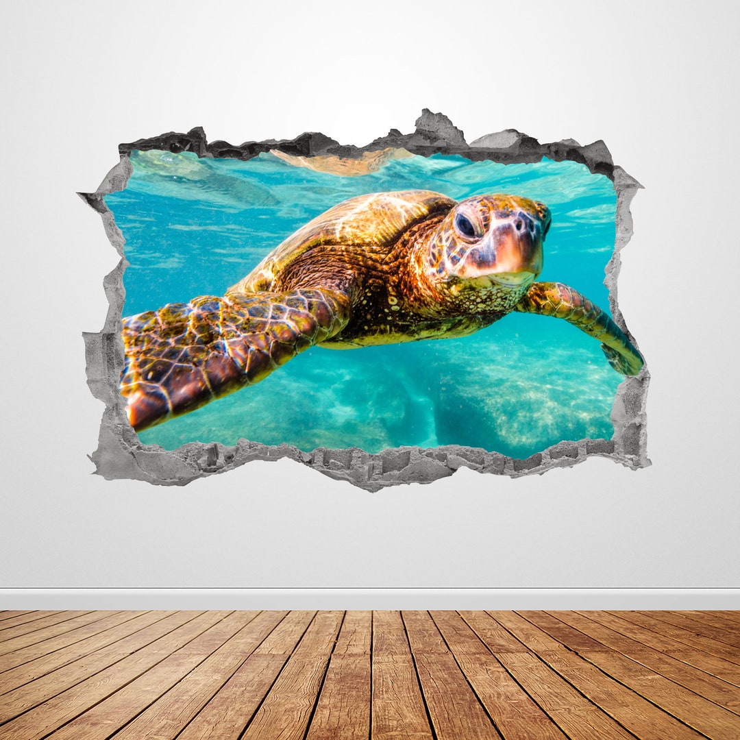 Sea Turtle Wall Decal Smashed 3D Graphic Ocean Animal Wall Art Stickers