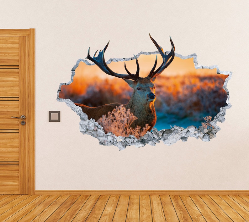 Deer Wall Decal Smashed Concrete Wall Art Decal Hunting Deer Sunset Wall Decor Bedroom Vinyl Wall Sticker