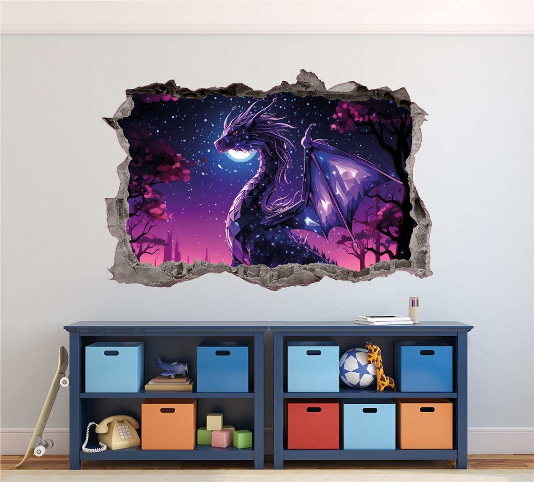 Dragon Wall Decal Smashed 3D Graphic Mystical Purple Dragon Wall ...