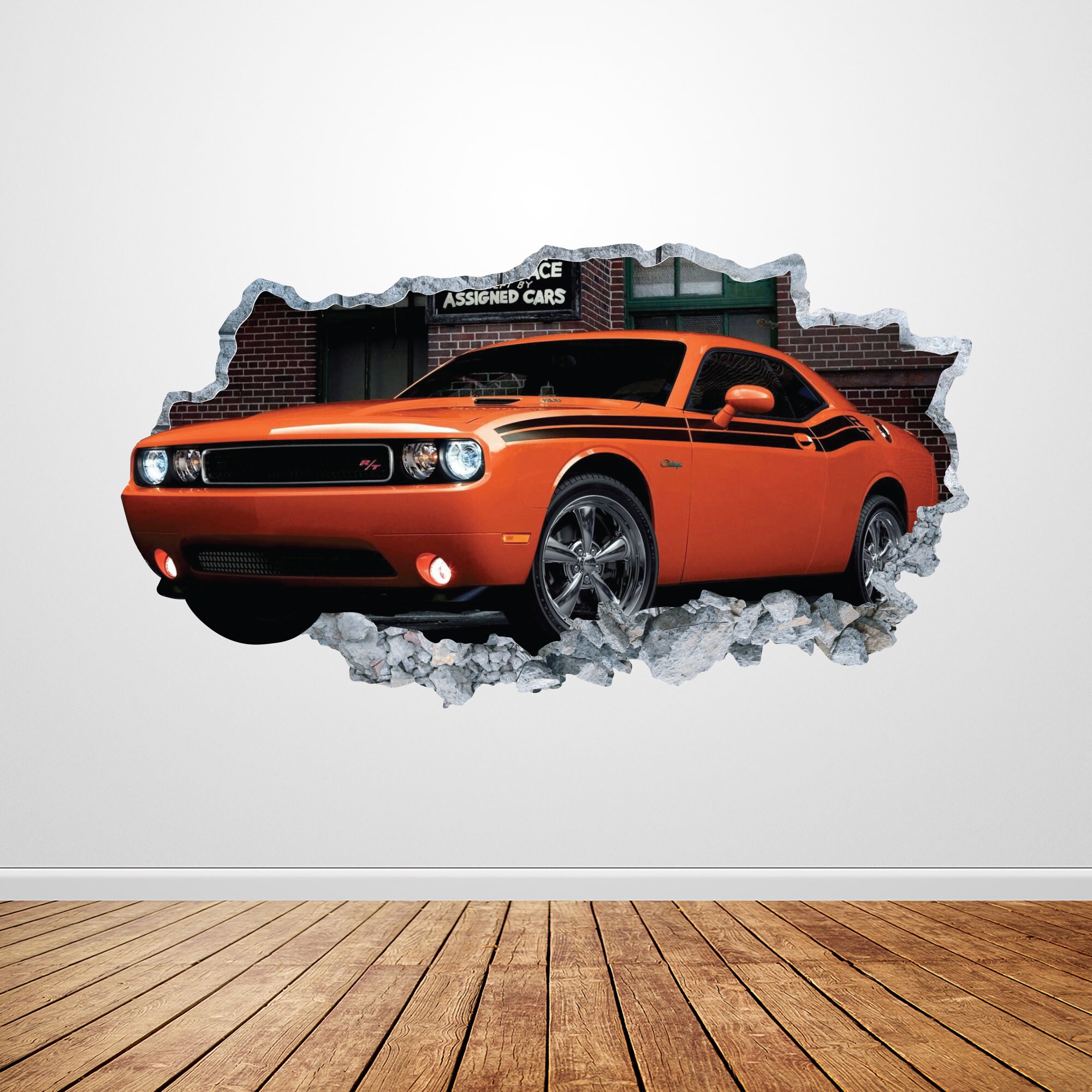 Challenger Wall Decal Smashed 3D Graphic Dodge Racing Car Wall Sticker Art Mural Poster Custom Home Boys Kids Room Decor Gift