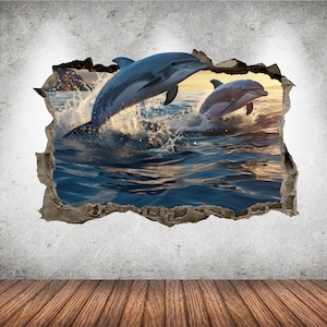 Dolphins Decal 3D AI Graphic Wall Art Sticker, Wall Decor, Sunset Sealife Wall Sticker Mural Poster Custom Vinyl Kids Bedroom Gift
