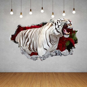 White Tiger Smashed 3D Wall Decal Art Decor Sticker Tiger Wall Sticker Art Mural Poster Custom Vinyl Kids Room Decor Gift