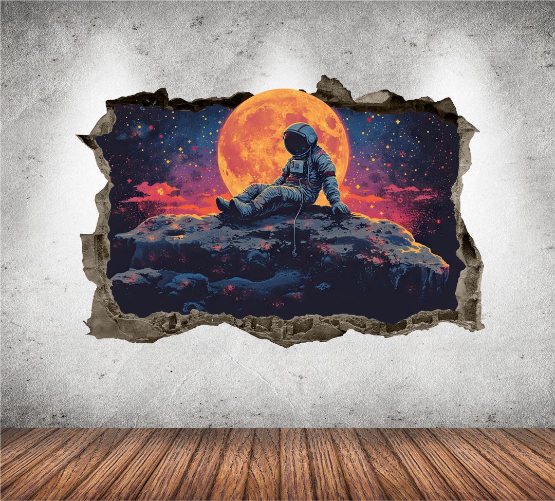 Outer Space Astronaut Wall Decal Smashed 3D Graphic Galaxy Moon ...
