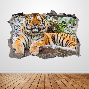 Siberian Tiger Wall Decal Smashed 3D Graphic Animal Wall Sticker Art Mural Poster Custom Vinyl Room Decor Gift