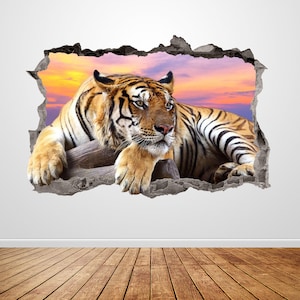 Wild Tiger Wall Decal Smashed 3D Graphic Animal Wall Sticker Art Mural Poster Custom Vinyl Room Decor Gift