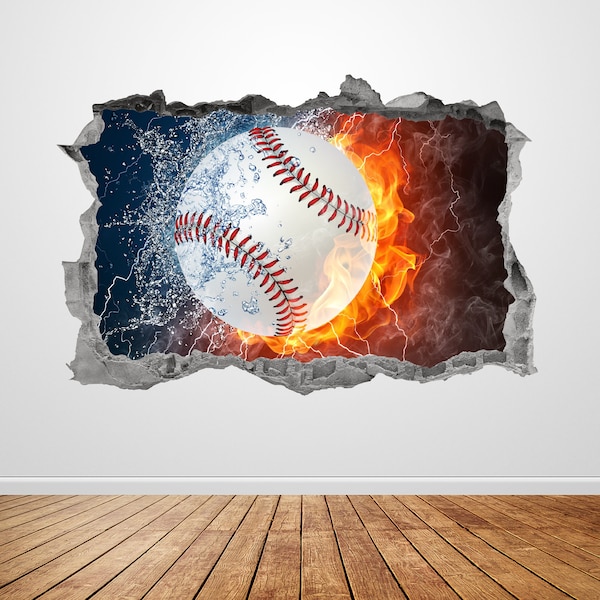 Baseball Wall Decal Smashed 3D Graphic Sports Wall Art Stickers Mural Poster Kids Room Boys Bedroom Decor Gift