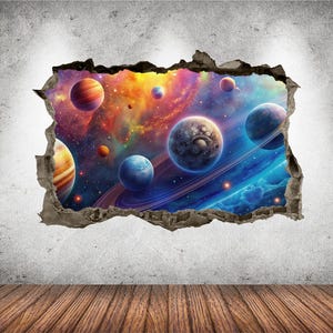Outer Space Wall Decal Smashed 3D Graphic Galaxy Solar System Planets Wall Art Stickers Mural Poster Kids Room Bedroom Decor Playroom Gift