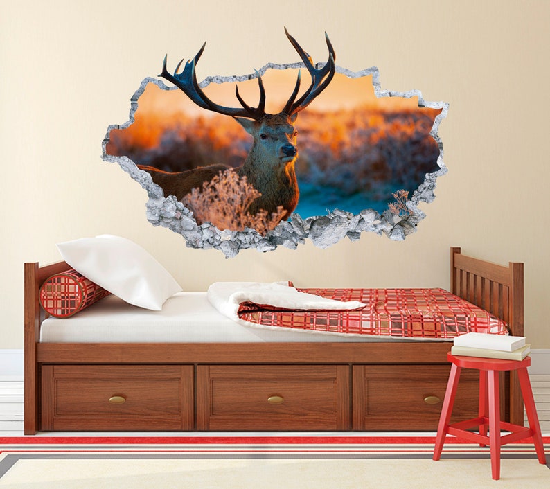 Deer Wall Decal Smashed Concrete Wall Art Decal Hunting Deer Sunset Wall Decor Bedroom Vinyl Wall Sticker