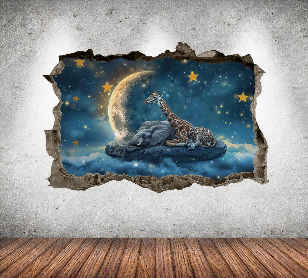 Fairy Tale Wall Decal Smashed 3D Graphic Outer Space Elephant Giraffe ...