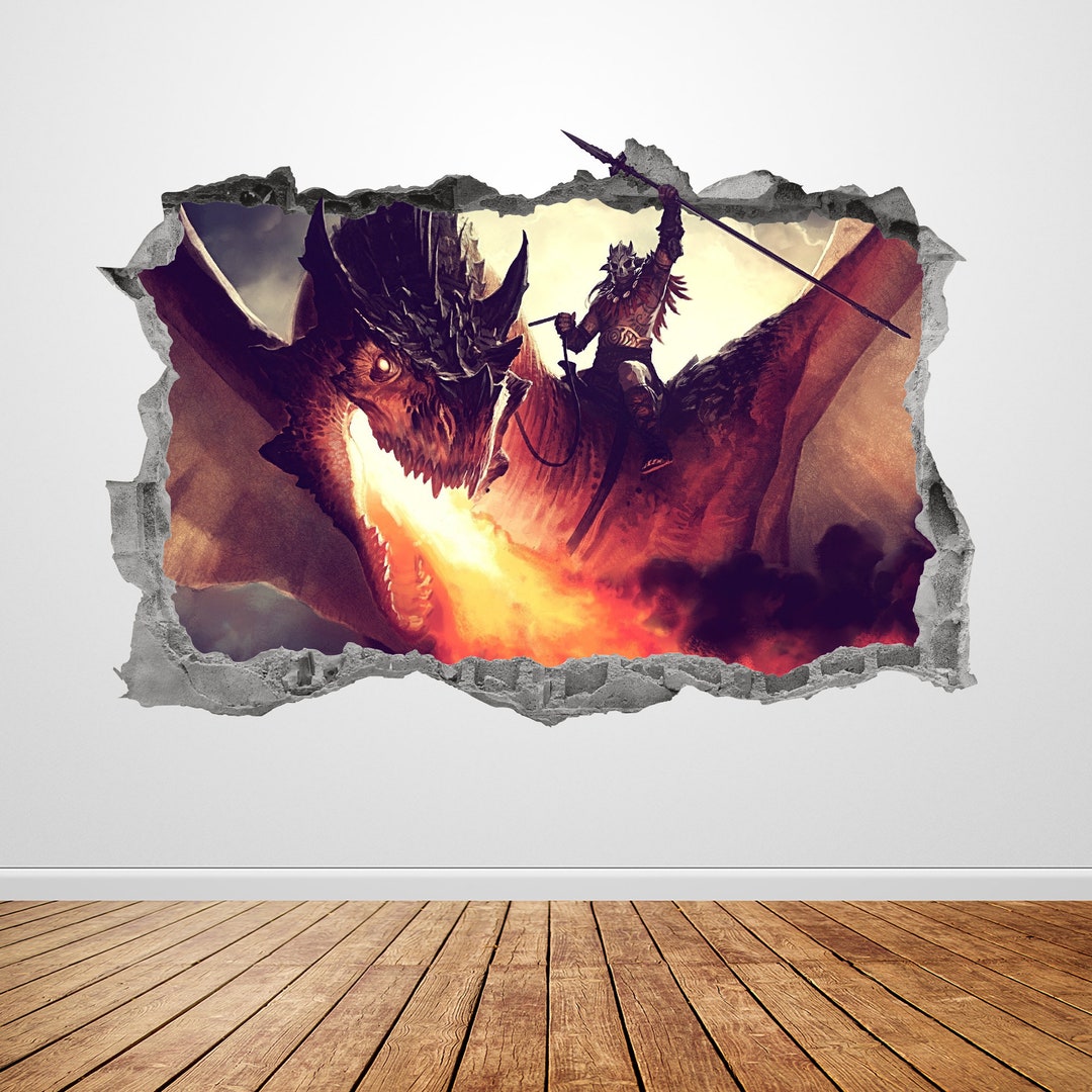 Dragon Wall Decal Smashed 3D Graphic Fire Fantasy Creature Wall Art ...