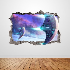 Spaceship Wall Decal Smashed 3D Graphic Spacecraft Galaxy Wall Art Sticker Mural Poster Custom Vinyl Home Room Decor Gift