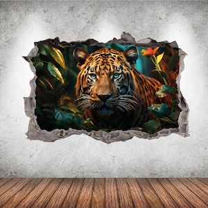 Tiger Wall Decal 3D AI Graphic Wall Art Sticker, Wall Decor, Forest Leopard Wall Sticker Mural Poster Custom Vinyl Kids Bedroom Gift