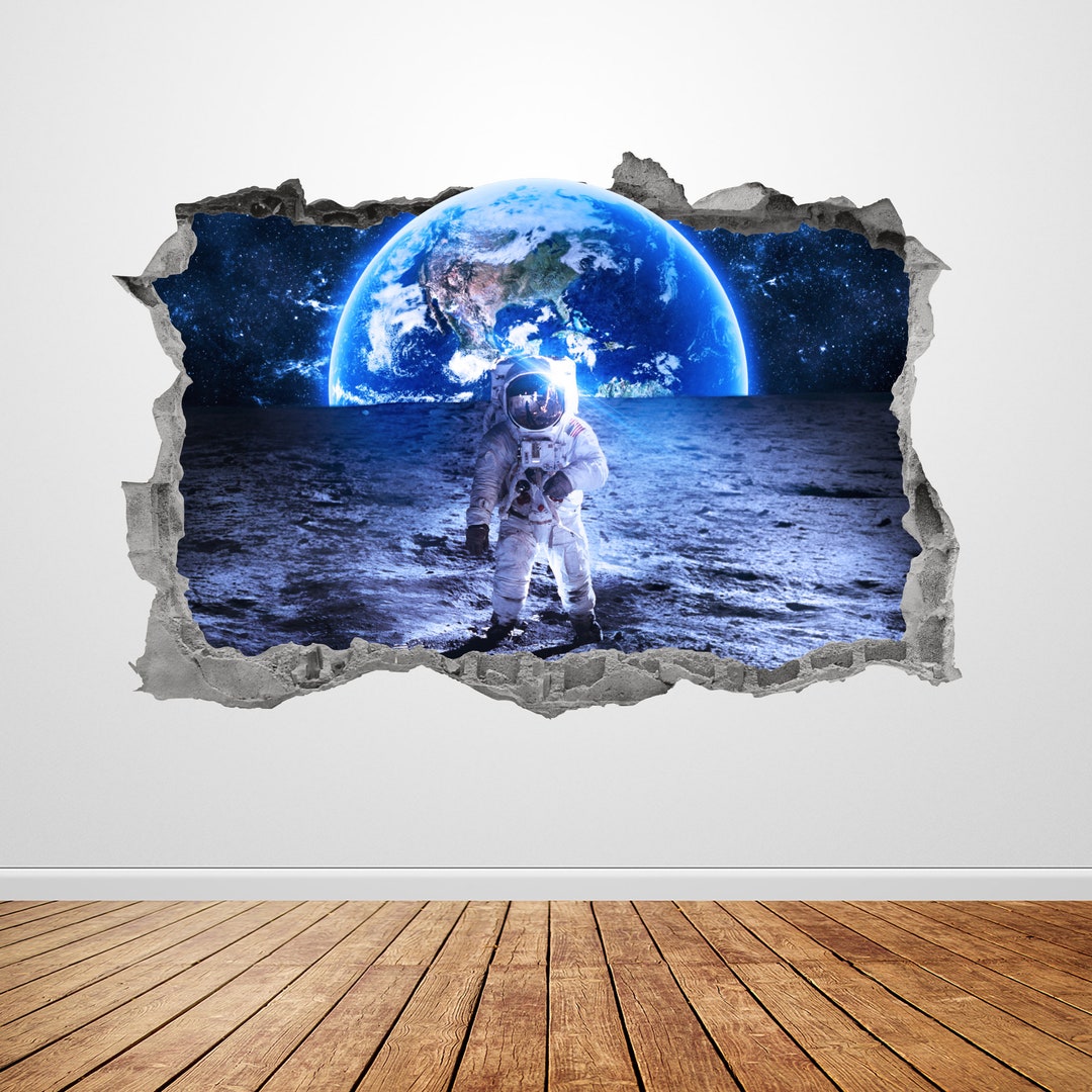 Astronaut Wall Decal Smashed 3D Graphic Outer Space Earth View Moon ...