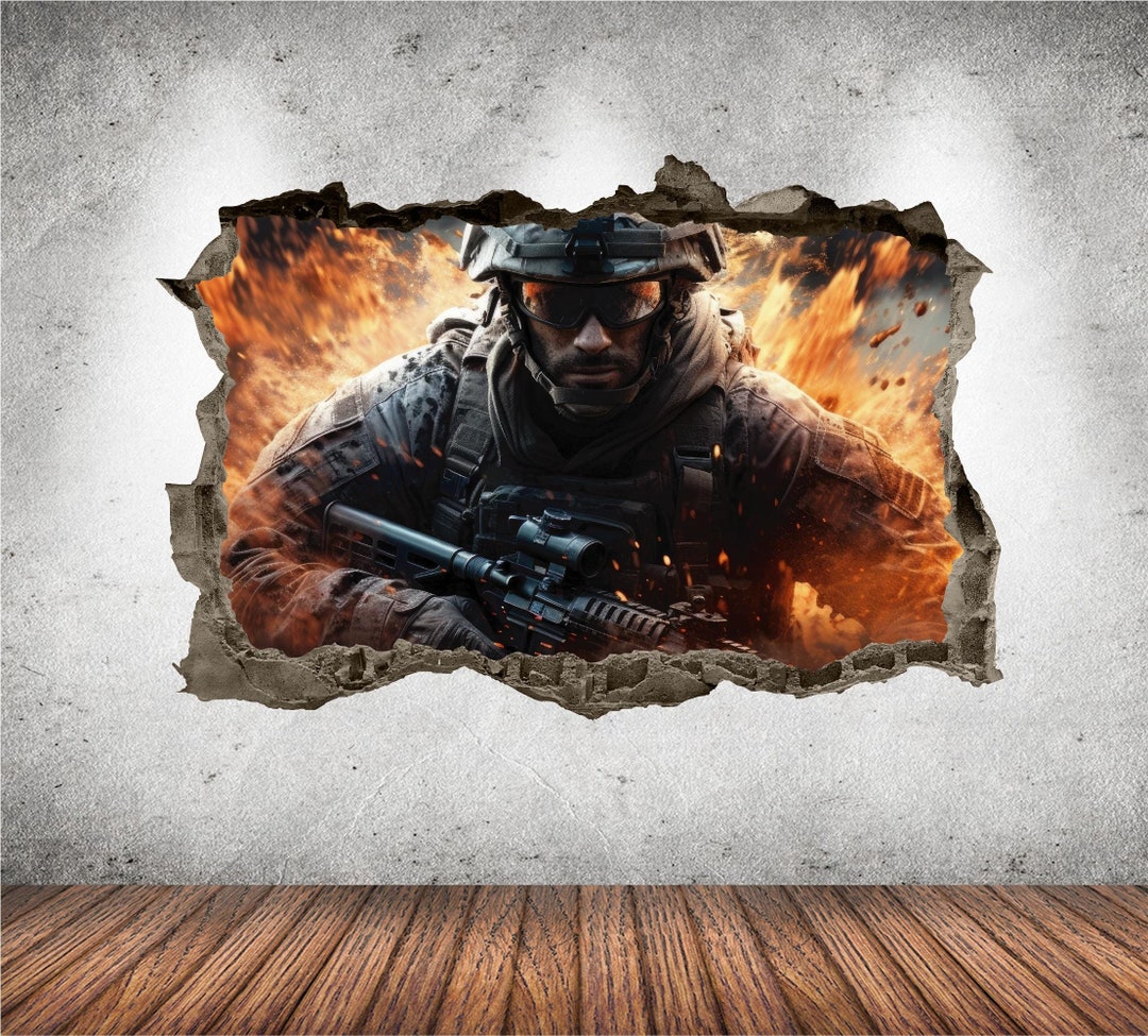 War Game Wall Decal Smashed 3D Graphic Battlefield Wall Art Sticker ...