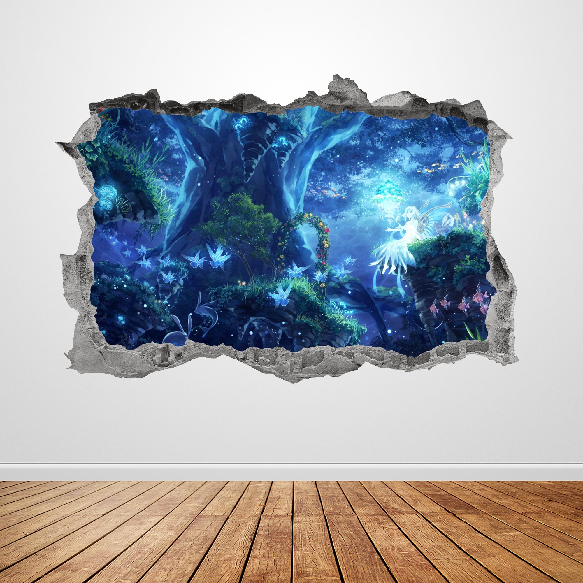 Waterfall Enchanted Forest Trees 3D Smashed Wall Sticker Decal Art Mural J1229 