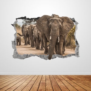Elephants Wall Decal Smashed 3D Graphic Safari Animal Elephant Wall Art Sticker Mural Poster Home Room Decor Gift