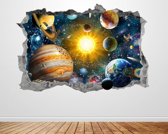 Solar System Wall Decal Smashed 3D Graphic Galaxy Outer Space Wall Art Stickers Mural Poster Kids Room Bedroom Decor Playroom Gift